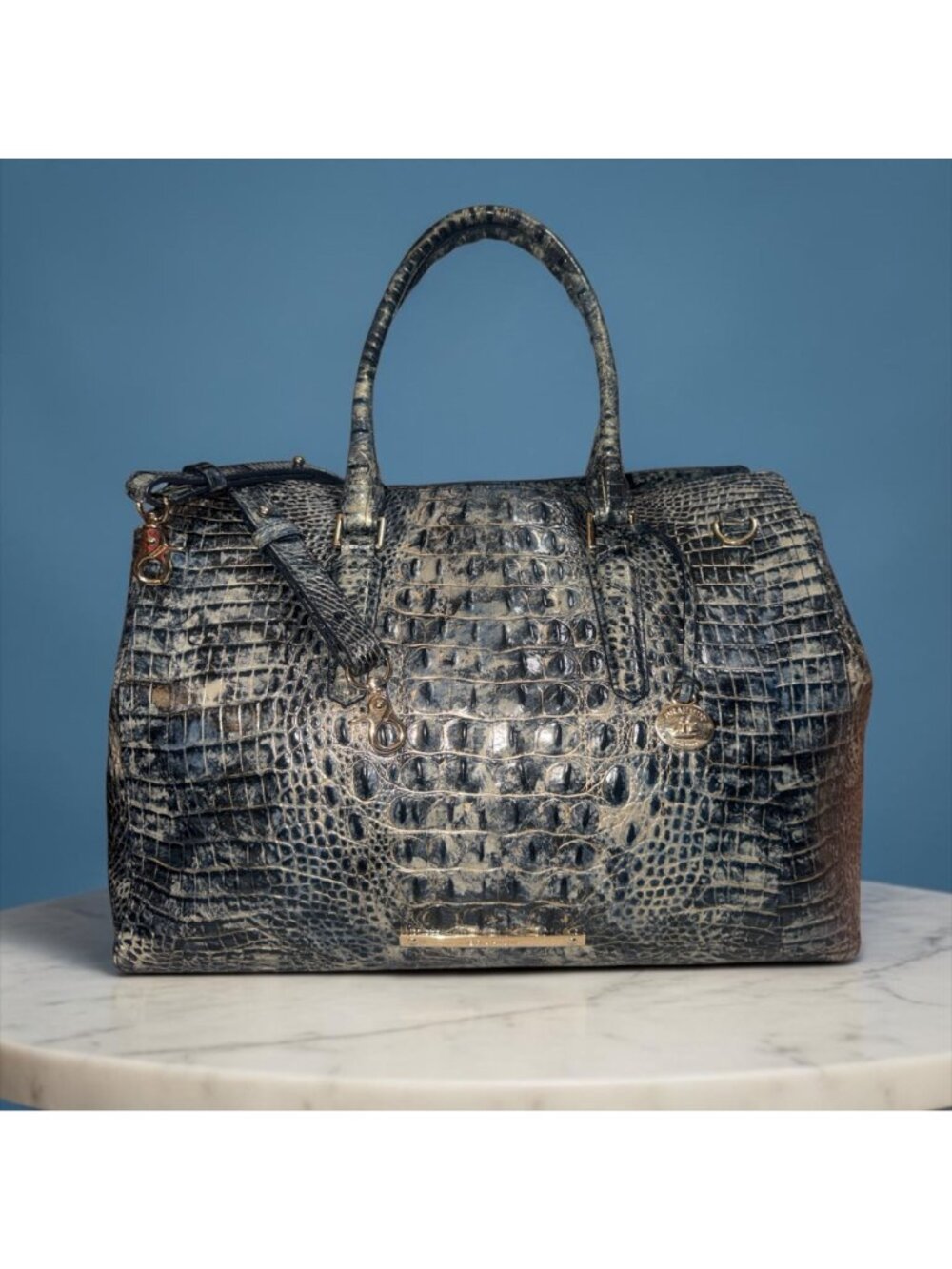 Brahmin Finley Carryall Blue Shadow Melbourne Croc Embossed Leather Doctors Bag - Picture 2 of 15
